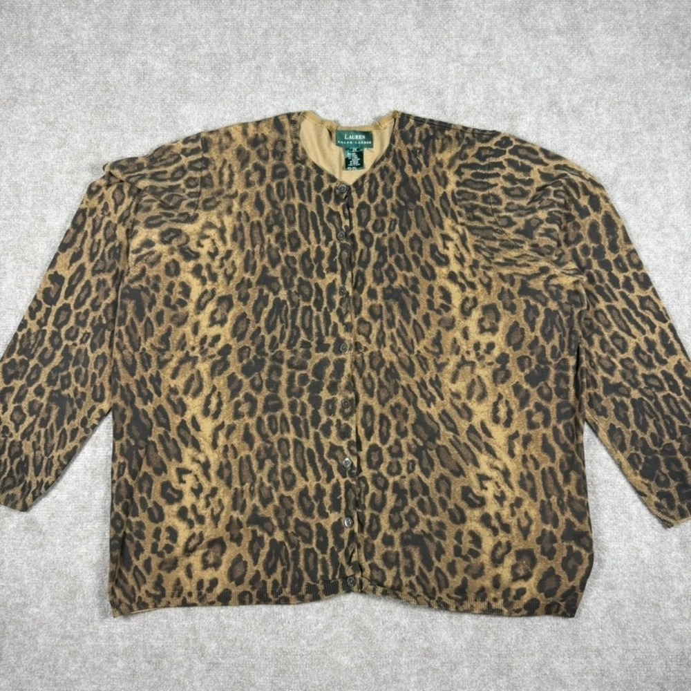 Vtg Lauren Ralph Lauren Womens 2X‎ Leopard Print Silk Blend Cardigan Top Brown